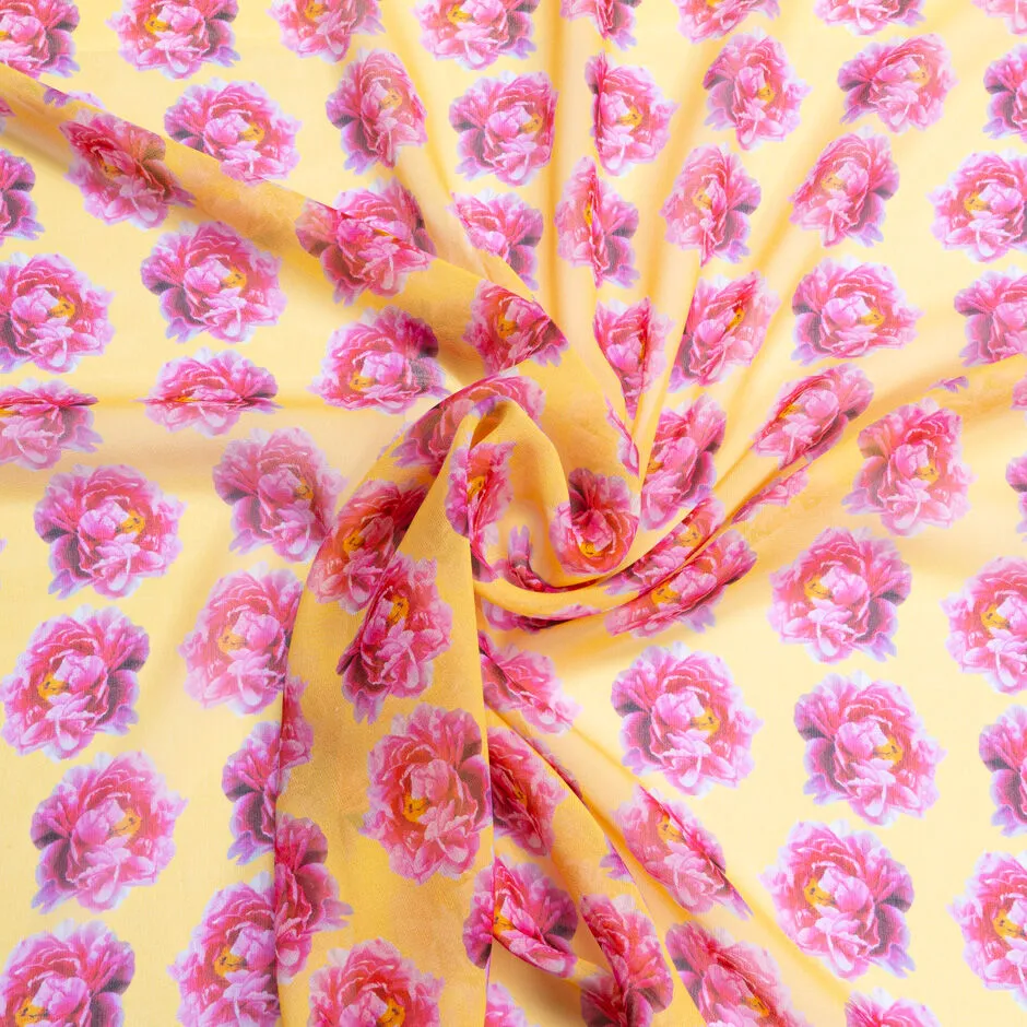 Pink Geometric Floral Printed Yellow Silk Georgette