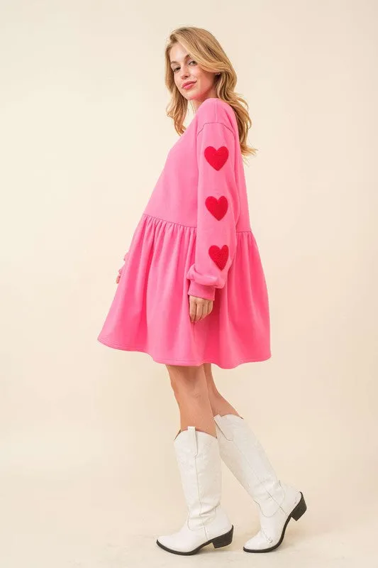 Pink Heart Patch Long Sleeve Babydoll Dress