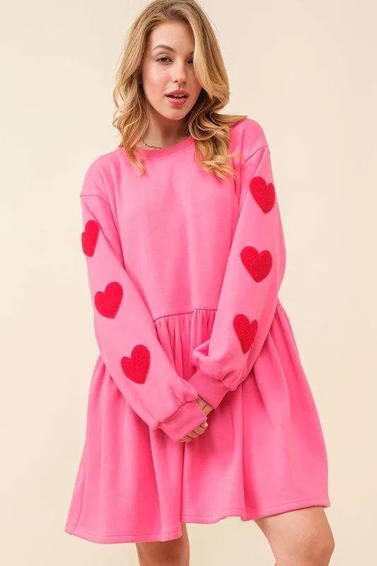 Pink Heart Patch Long Sleeve Babydoll Dress