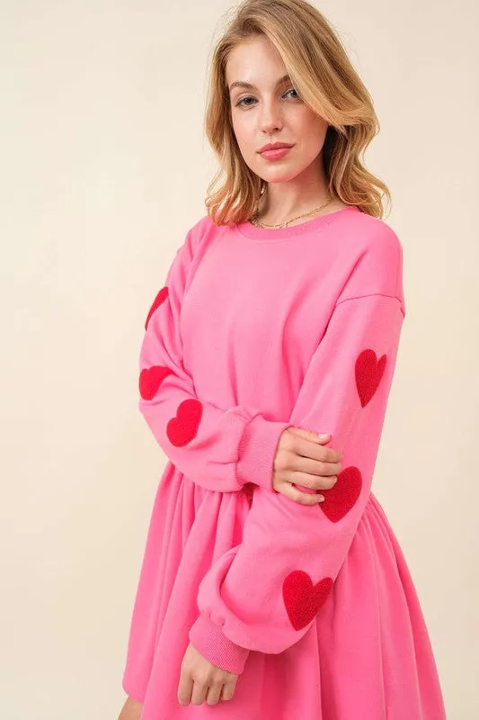 Pink Heart Patch Long Sleeve Babydoll Dress