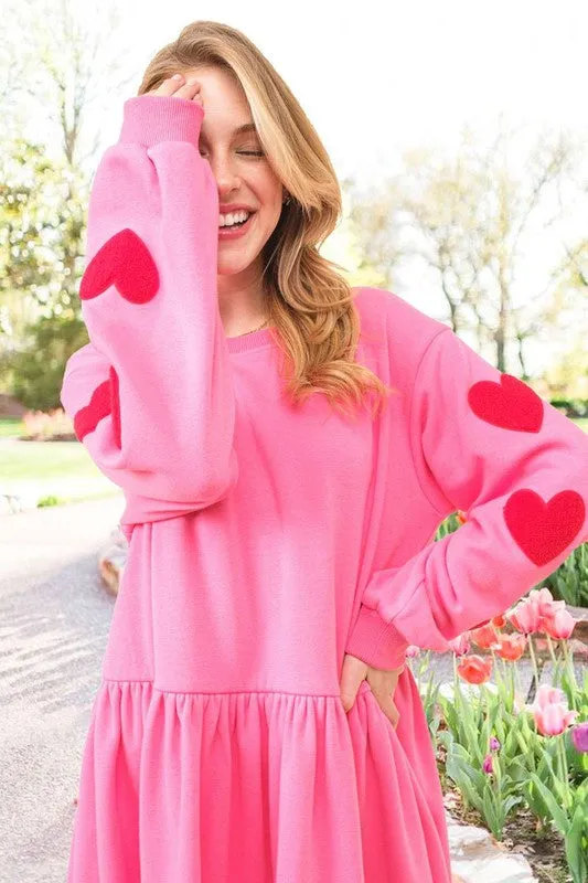 Pink Heart Patch Long Sleeve Babydoll Dress