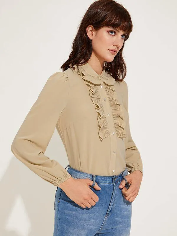 Pleated Ruffle Trim Button Front Blouse