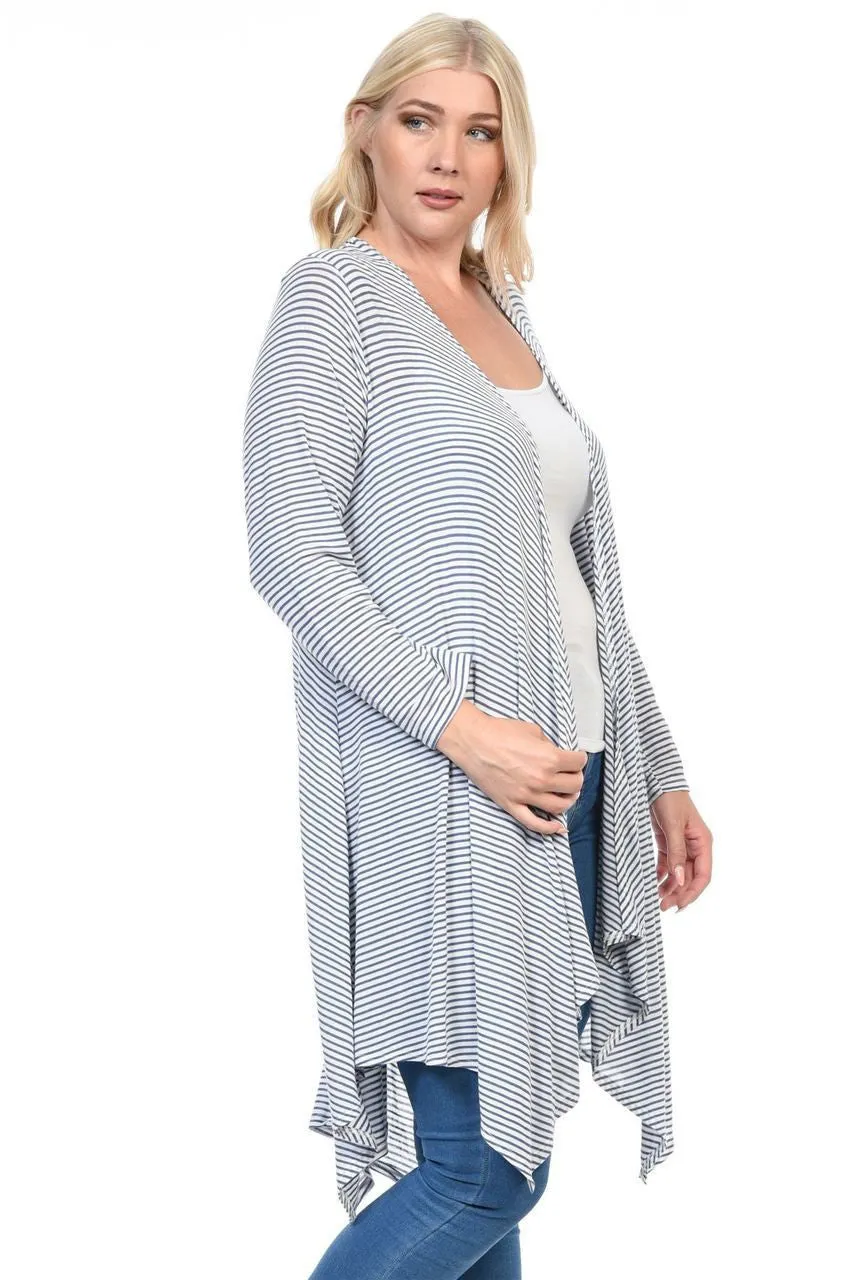 Plus Size Open Drape Flyaway Long Cardigan White Blue