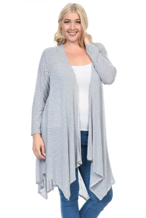 Plus Size Open Drape Flyaway Long Cardigan White Blue