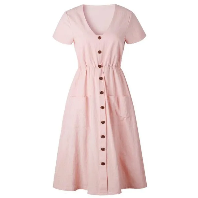 Pocket Cotton Short Sleeve Pink Midi Dresses