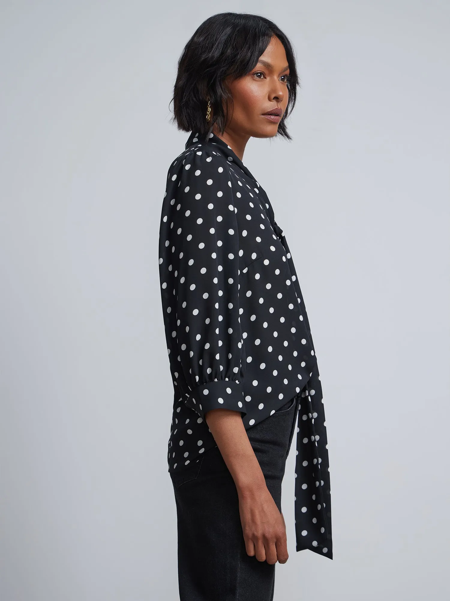 Polka-Dot Bow-Front Cuffed-Sleeve Blouse