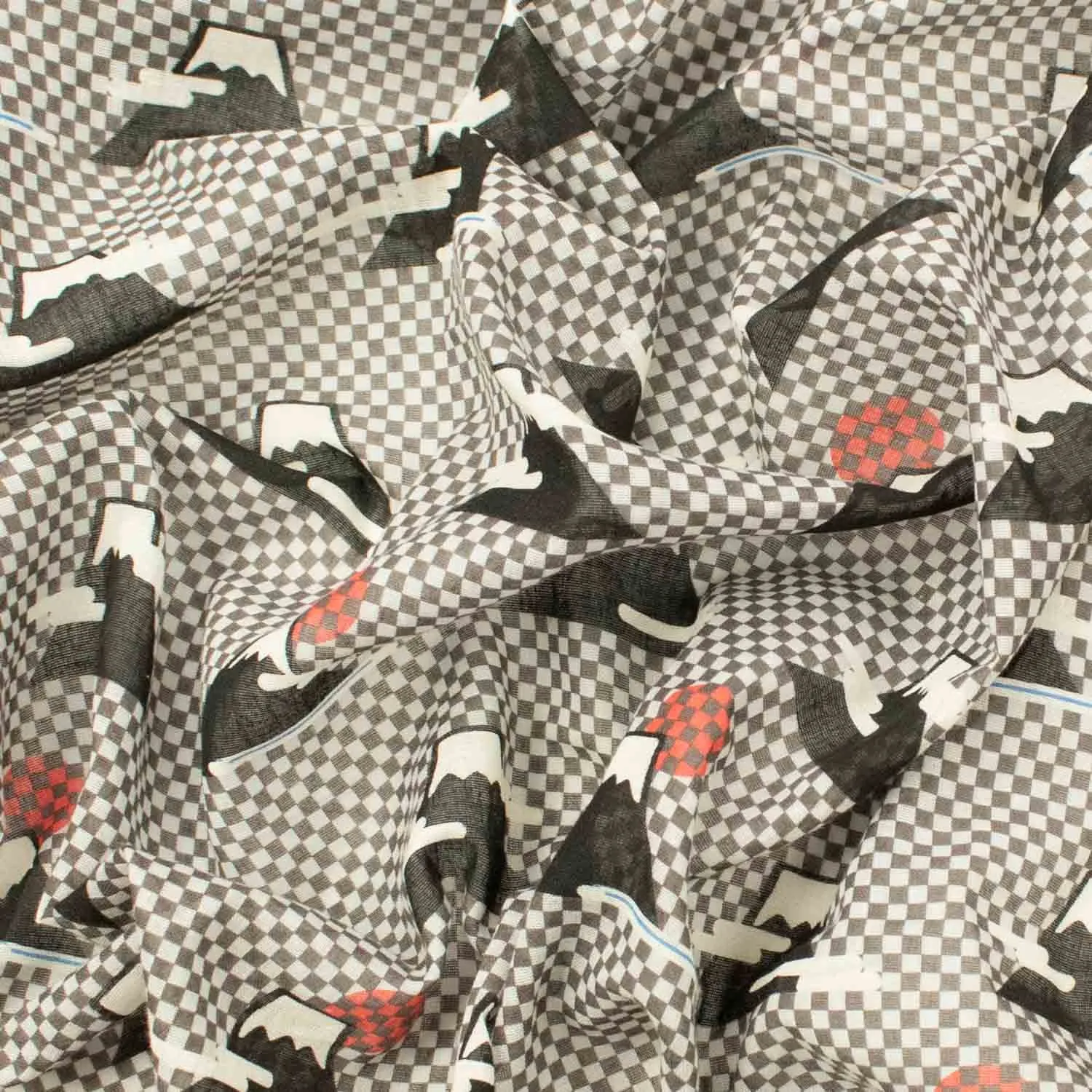 Printed Cotton Voile Design-86 Fuji Mountain on Black & Grey Checks