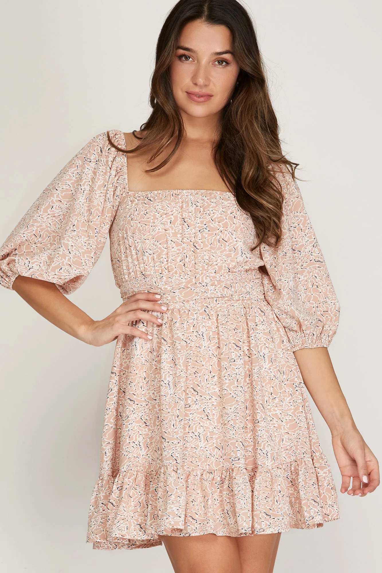 Puff Sleeve Print Tie Back Dress | Rose