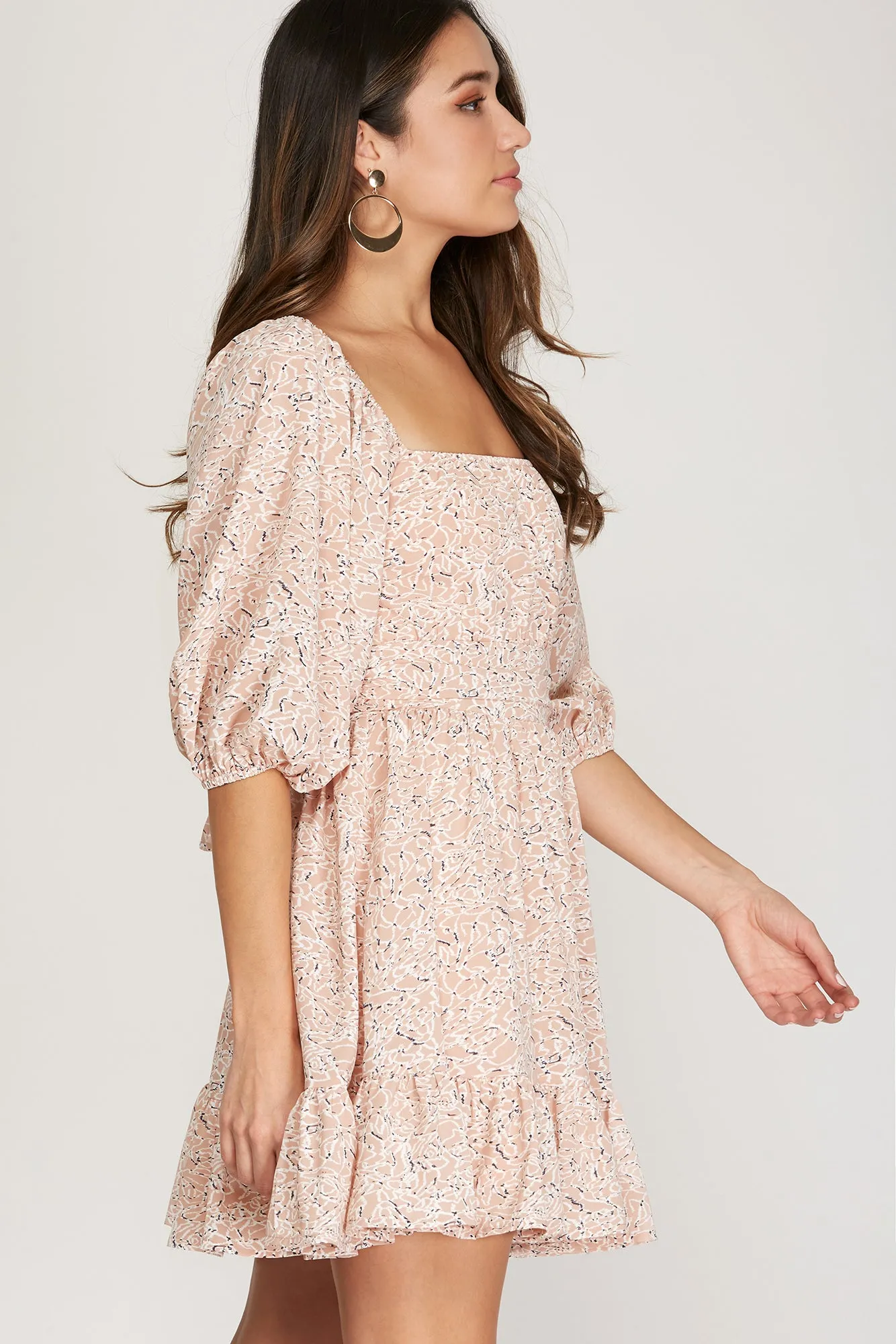 Puff Sleeve Print Tie Back Dress | Rose