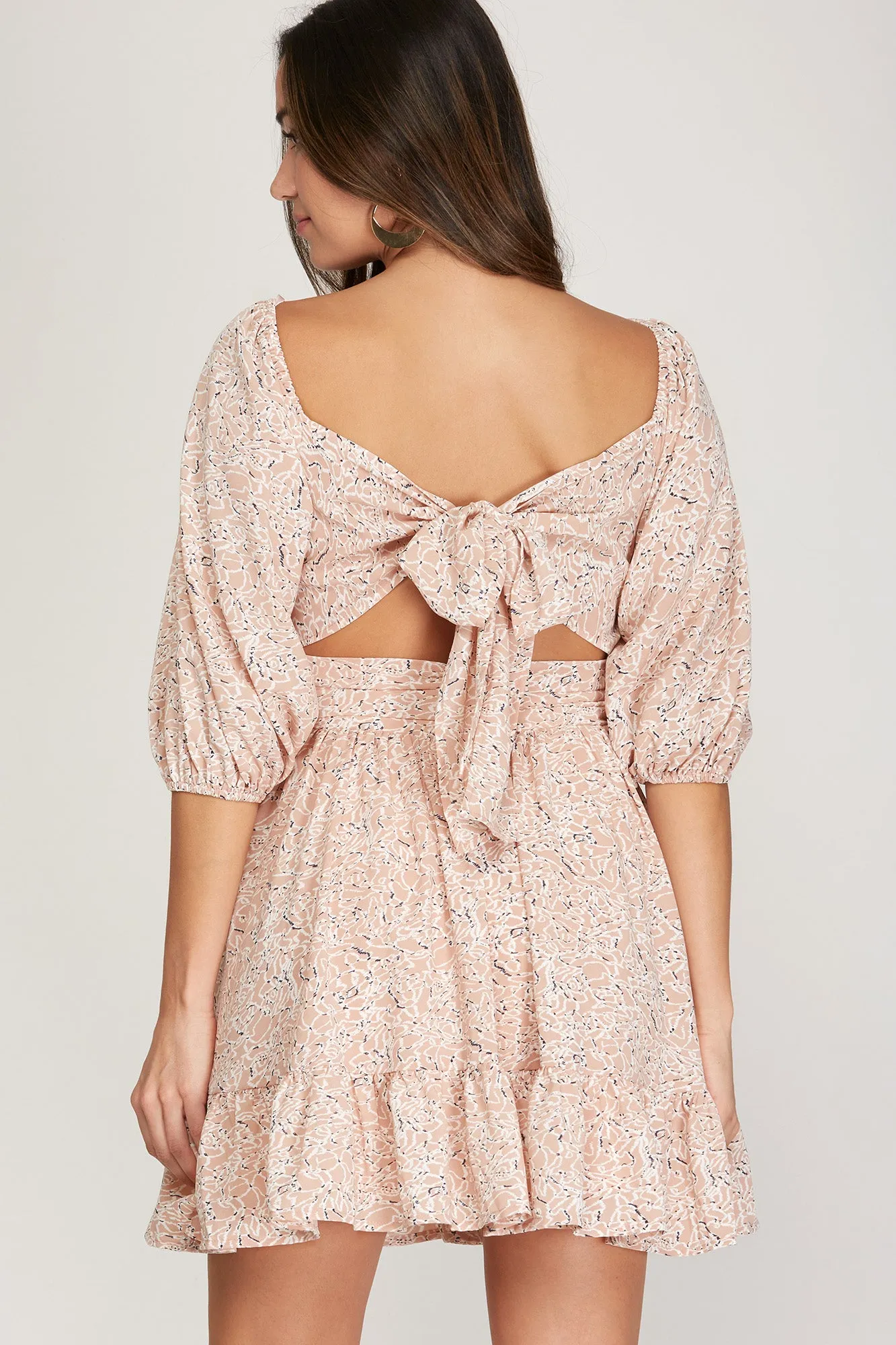 Puff Sleeve Print Tie Back Dress | Rose