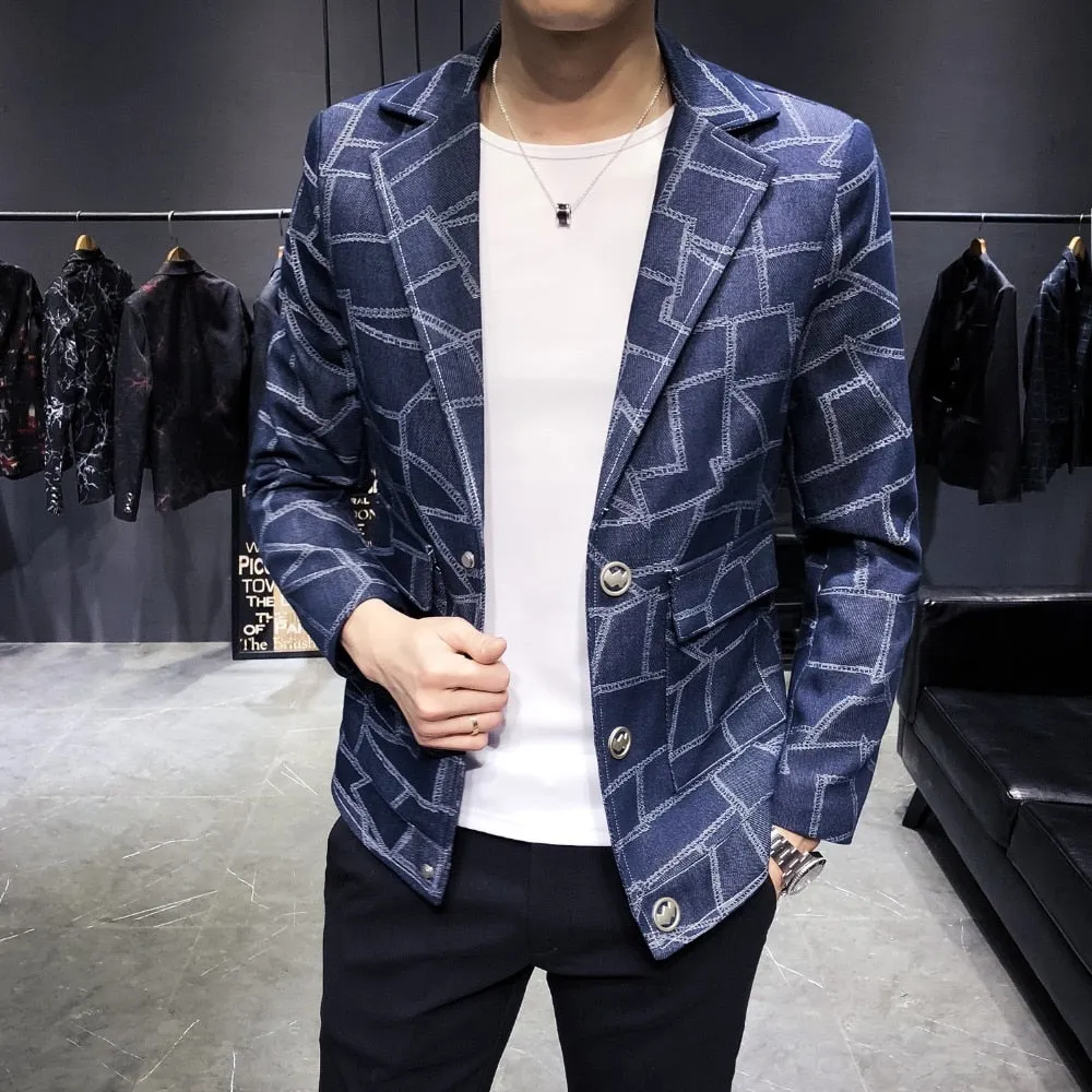 Puzzle Plaid Slim Fit Casual Men Blazer