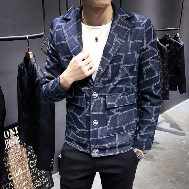 Puzzle Plaid Slim Fit Casual Men Blazer