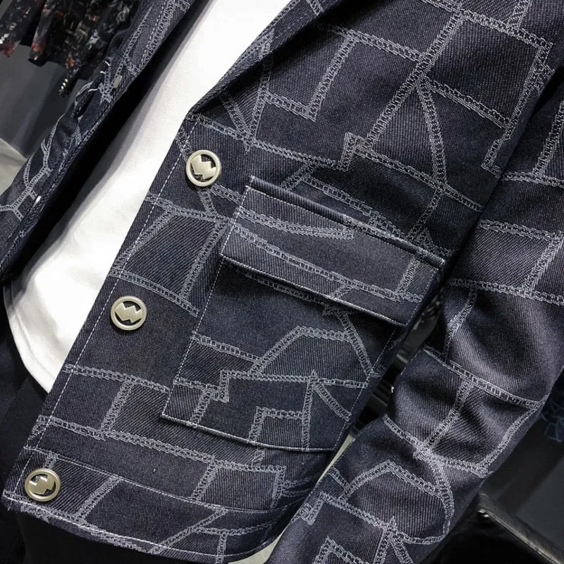 Puzzle Plaid Slim Fit Casual Men Blazer