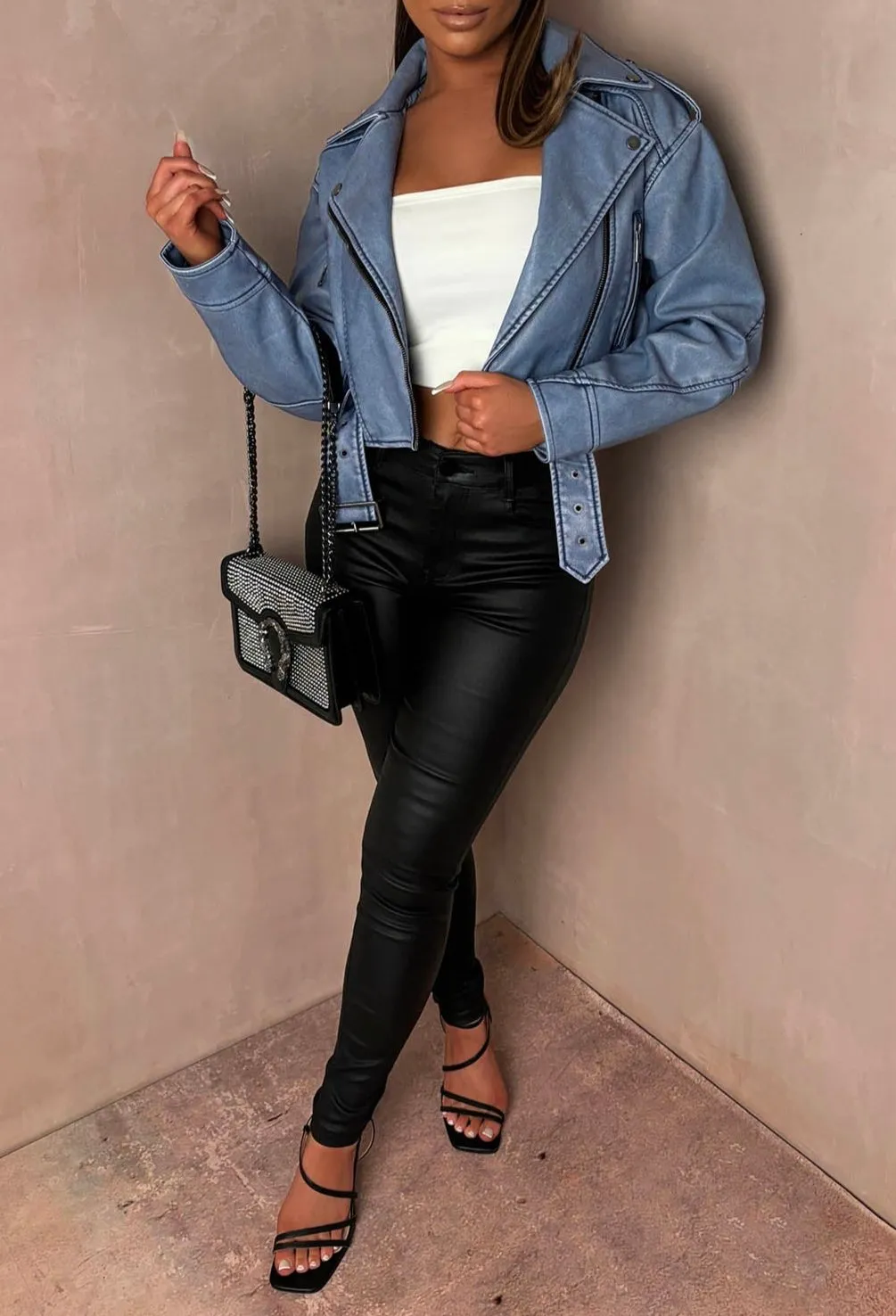 Rebel Blue Cropped Faux Leather Washed Biker Jacket