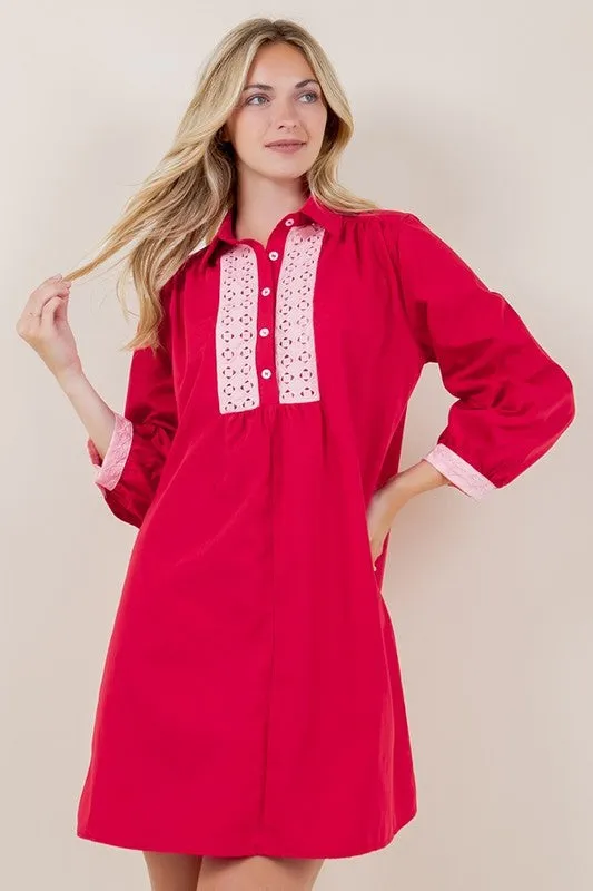 Red Contrast Long Sleeve Collared Tunic Dress