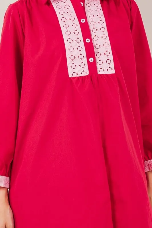 Red Contrast Long Sleeve Collared Tunic Dress