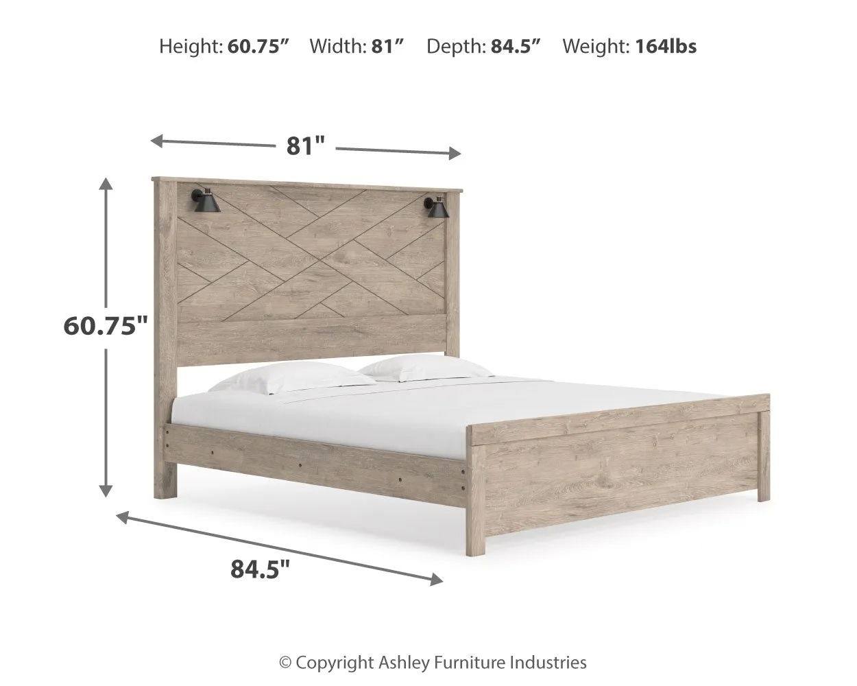 Senniberg King Panel Bed with Mirrored Dresser, Chest and Nightstand in Light Brown/White