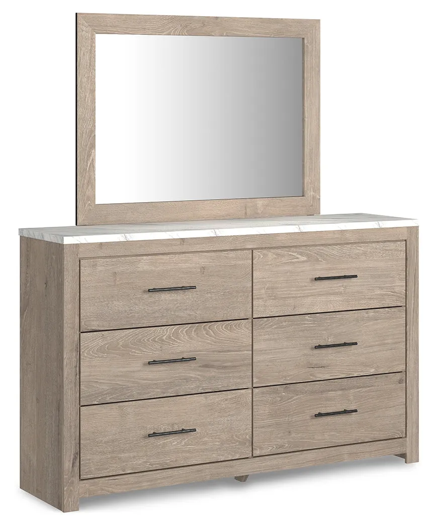 Senniberg King Panel Bed with Mirrored Dresser, Chest and Nightstand in Light Brown/White