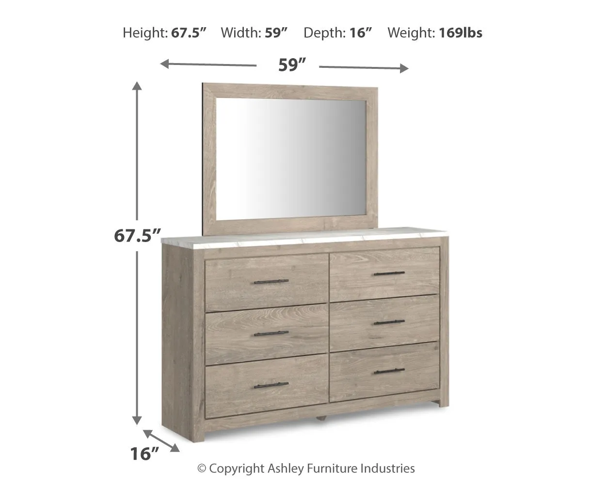 Senniberg King Panel Bed with Mirrored Dresser, Chest and Nightstand in Light Brown/White