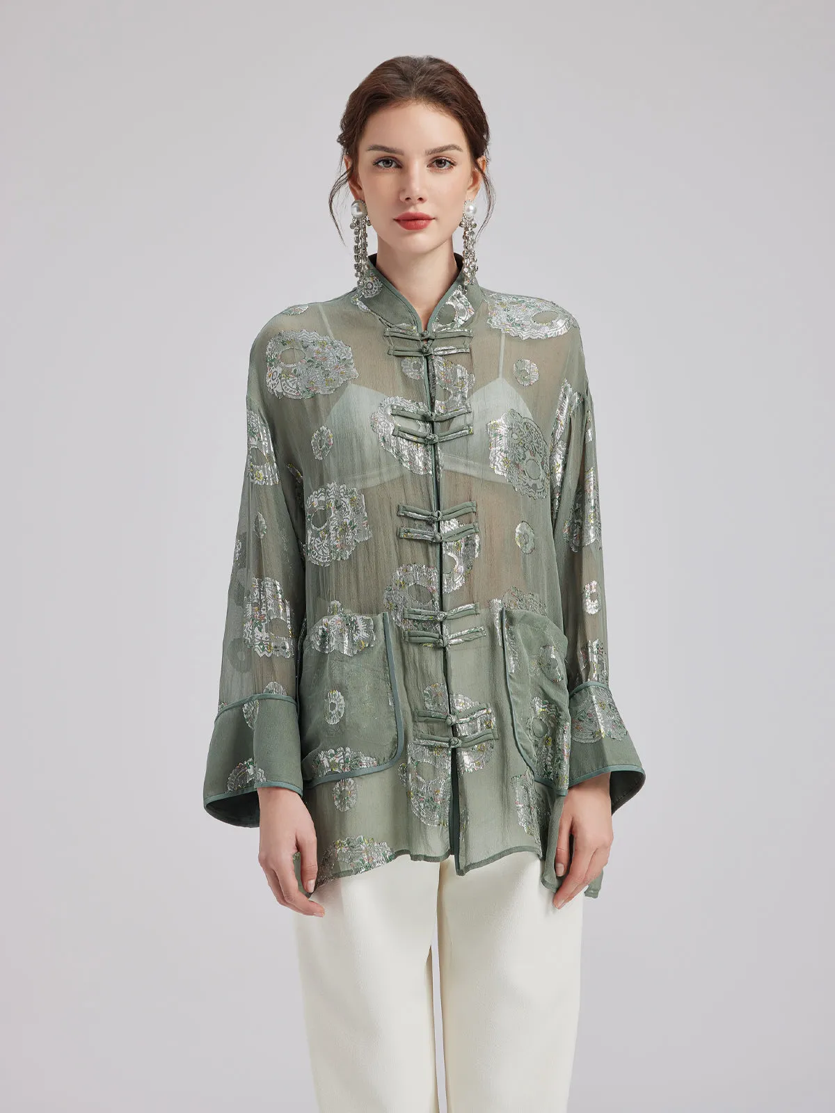 Silk Floral Embroidered Chinese Style Shirt