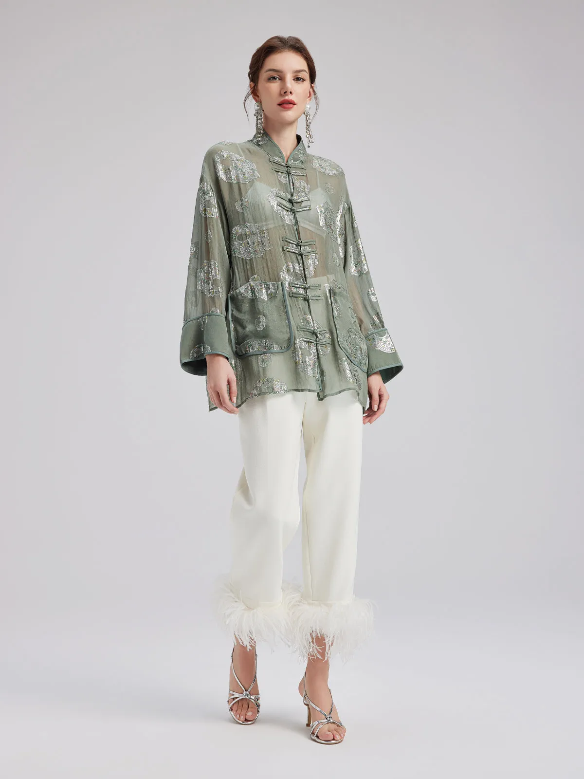 Silk Floral Embroidered Chinese Style Shirt