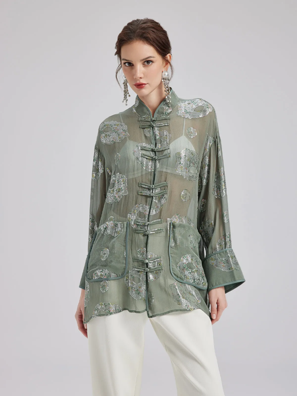 Silk Floral Embroidered Chinese Style Shirt