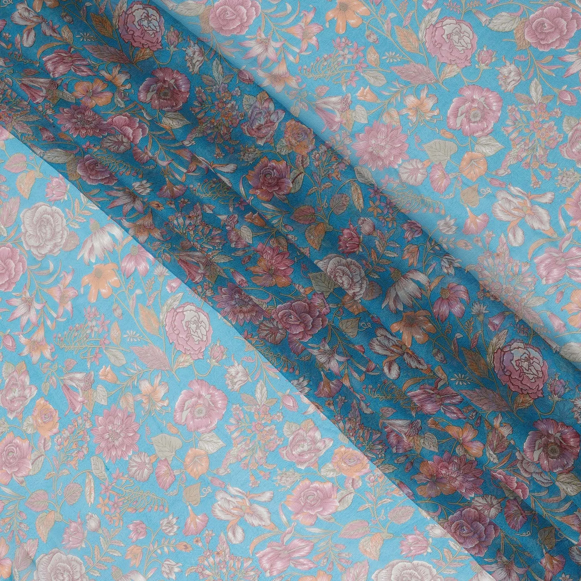 Sky Blue Rose Garden Silk Chiffon Fabric - Floral Elegance, 110cm Width - Purchase Online for Luxurious Creations-D18169