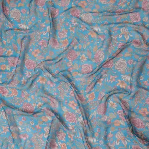 Sky Blue Rose Garden Silk Chiffon Fabric - Floral Elegance, 110cm Width - Purchase Online for Luxurious Creations-D18169