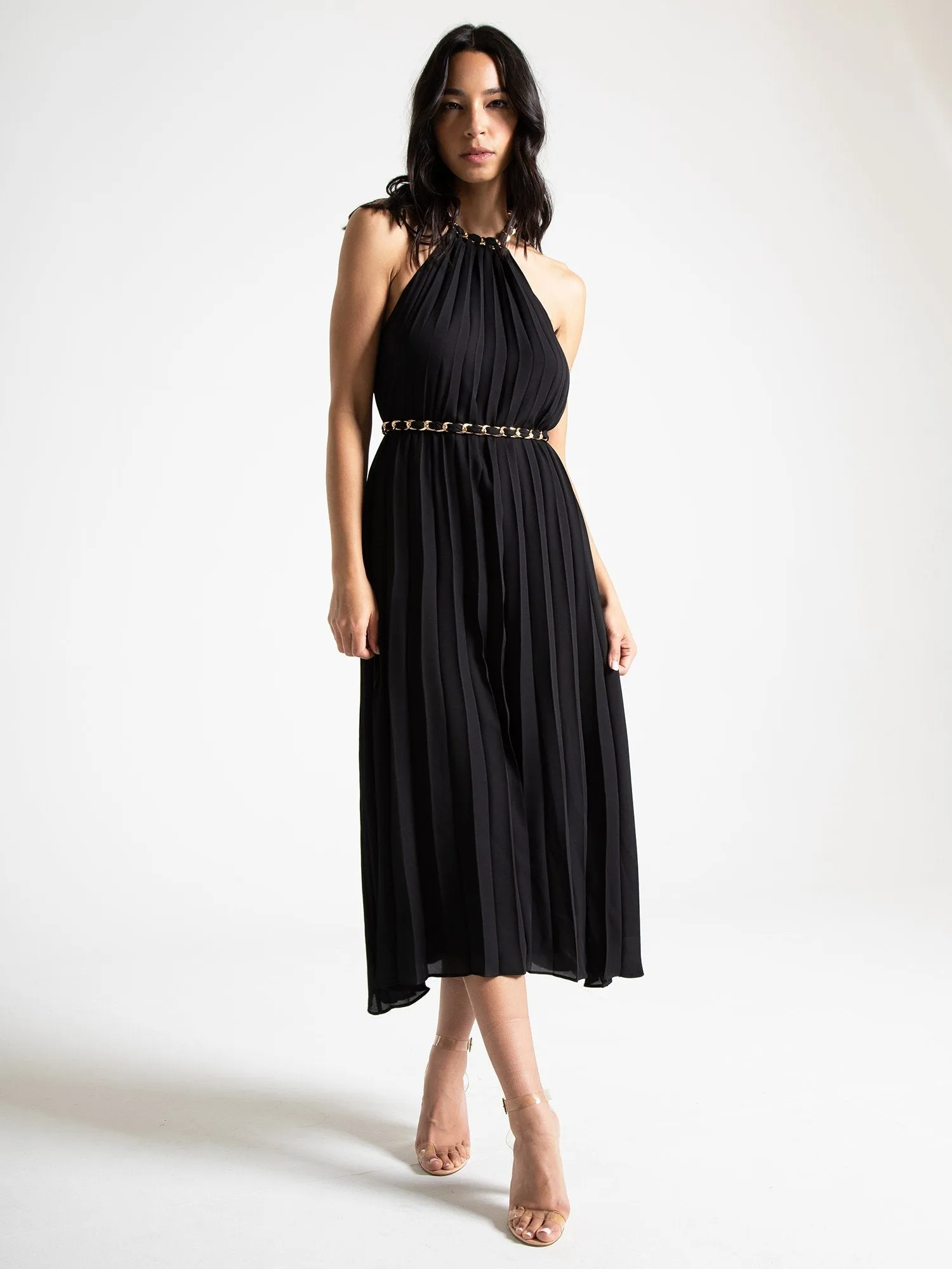 Sleeveless Chain Belt Pleated Midi Dress - Hidden Label