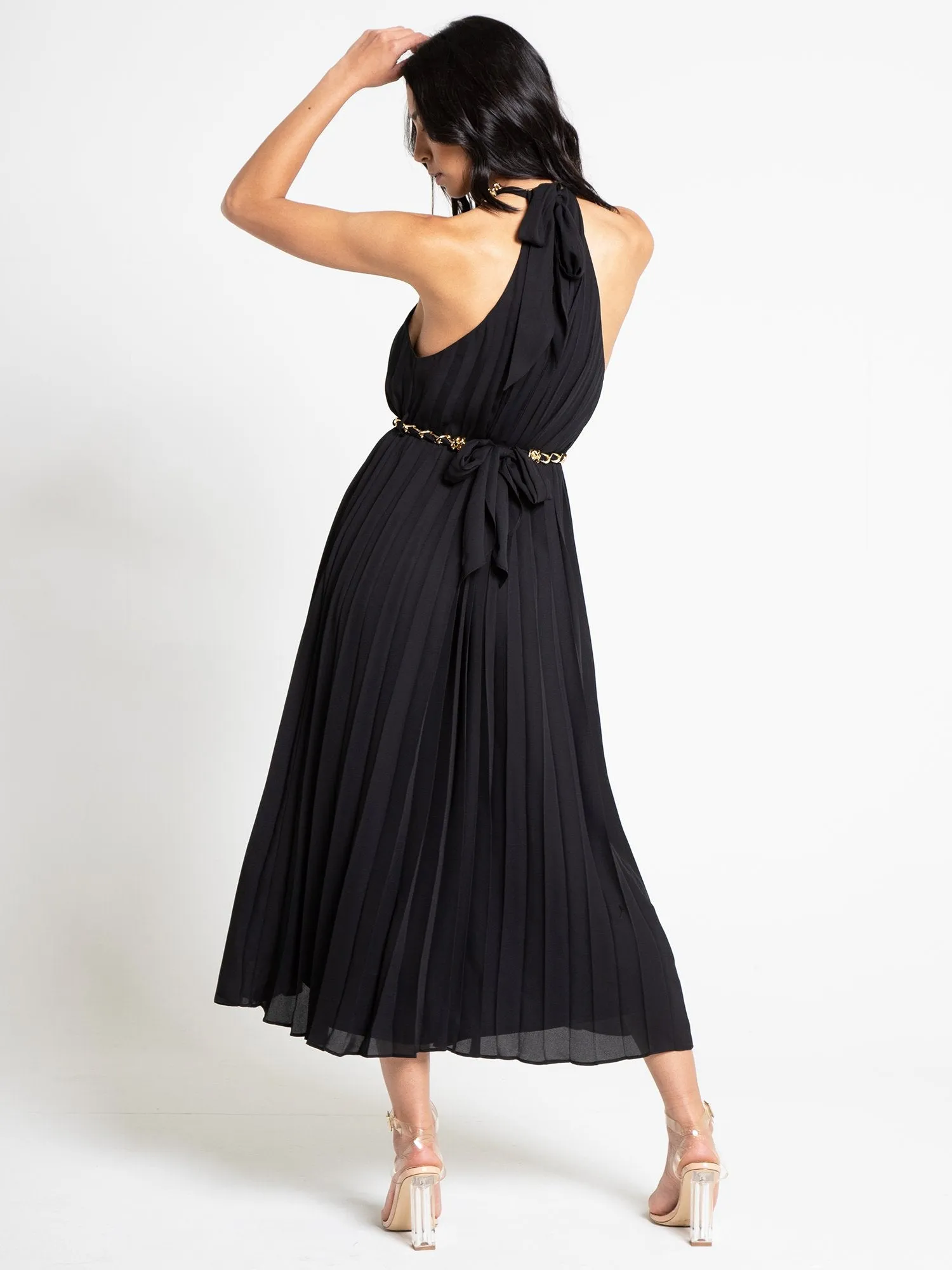 Sleeveless Chain Belt Pleated Midi Dress - Hidden Label