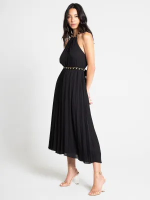 Sleeveless Chain Belt Pleated Midi Dress - Hidden Label