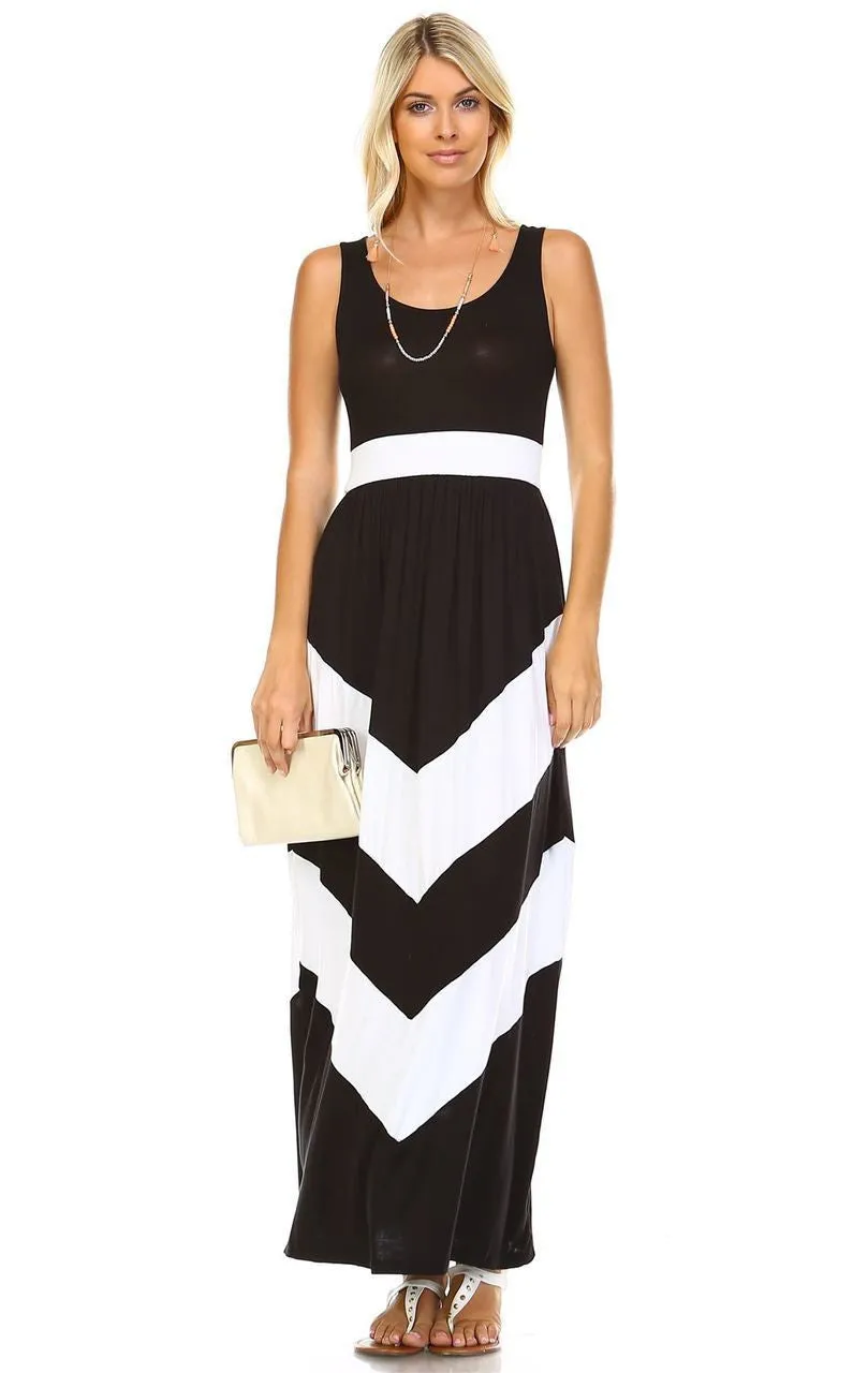 Sleeveless Long Evening Chevron Maxi Dress Black White