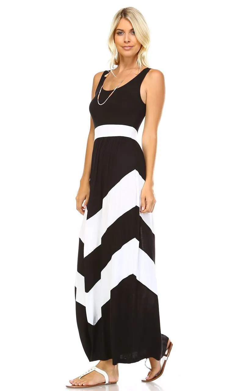 Sleeveless Long Evening Chevron Maxi Dress Black White