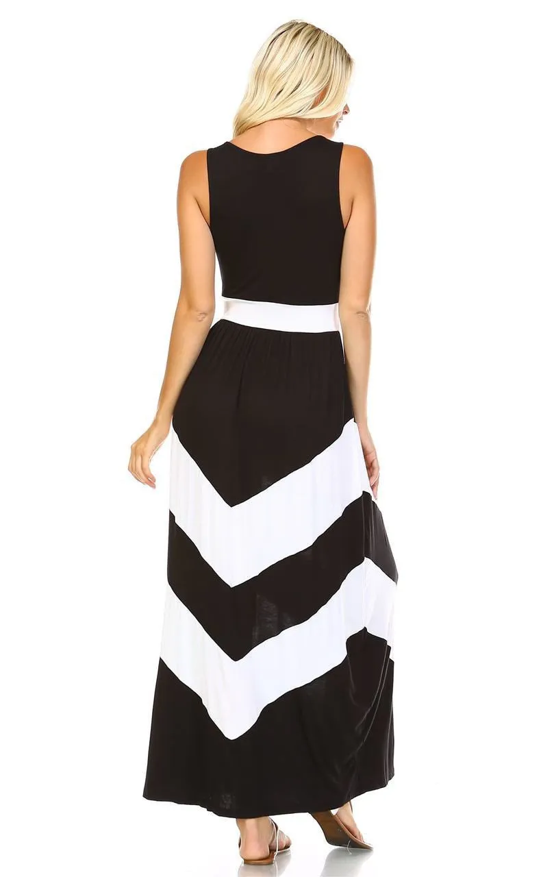 Sleeveless Long Evening Chevron Maxi Dress Black White