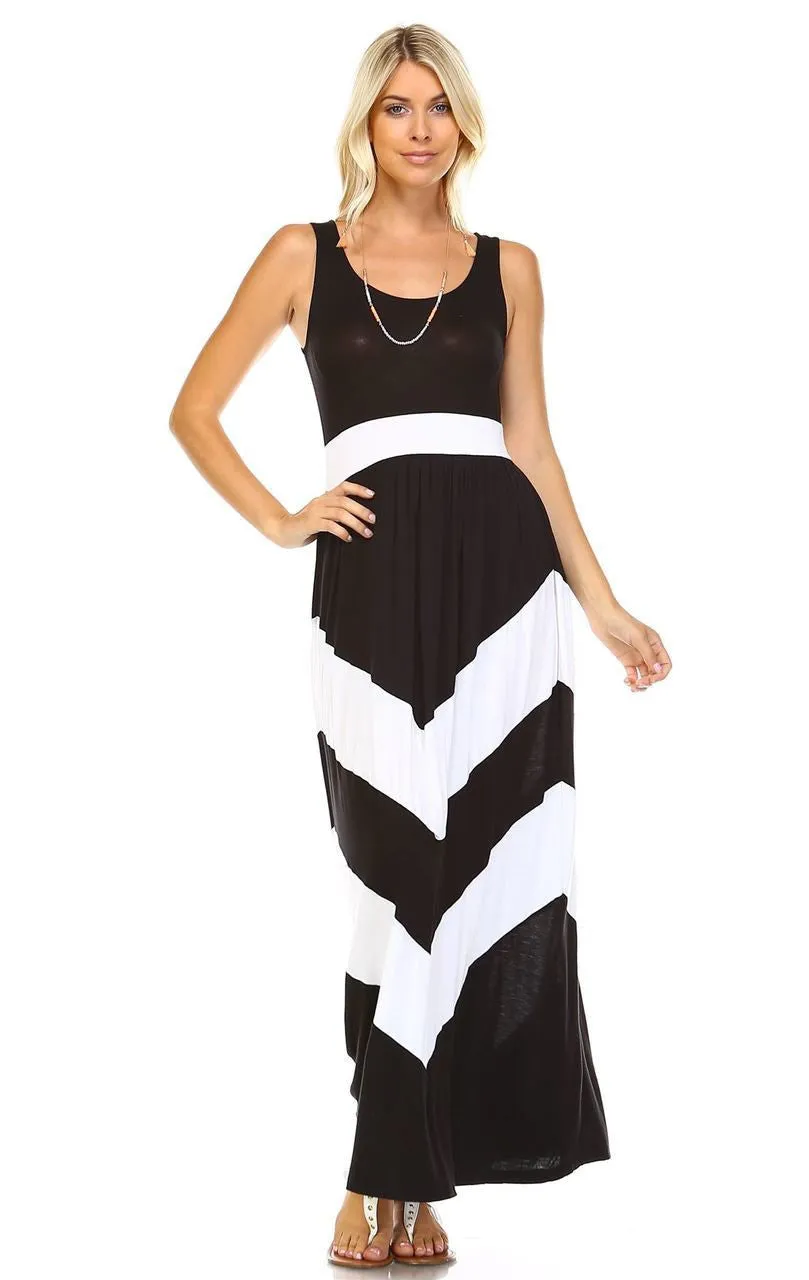 Sleeveless Long Evening Chevron Maxi Dress Black White