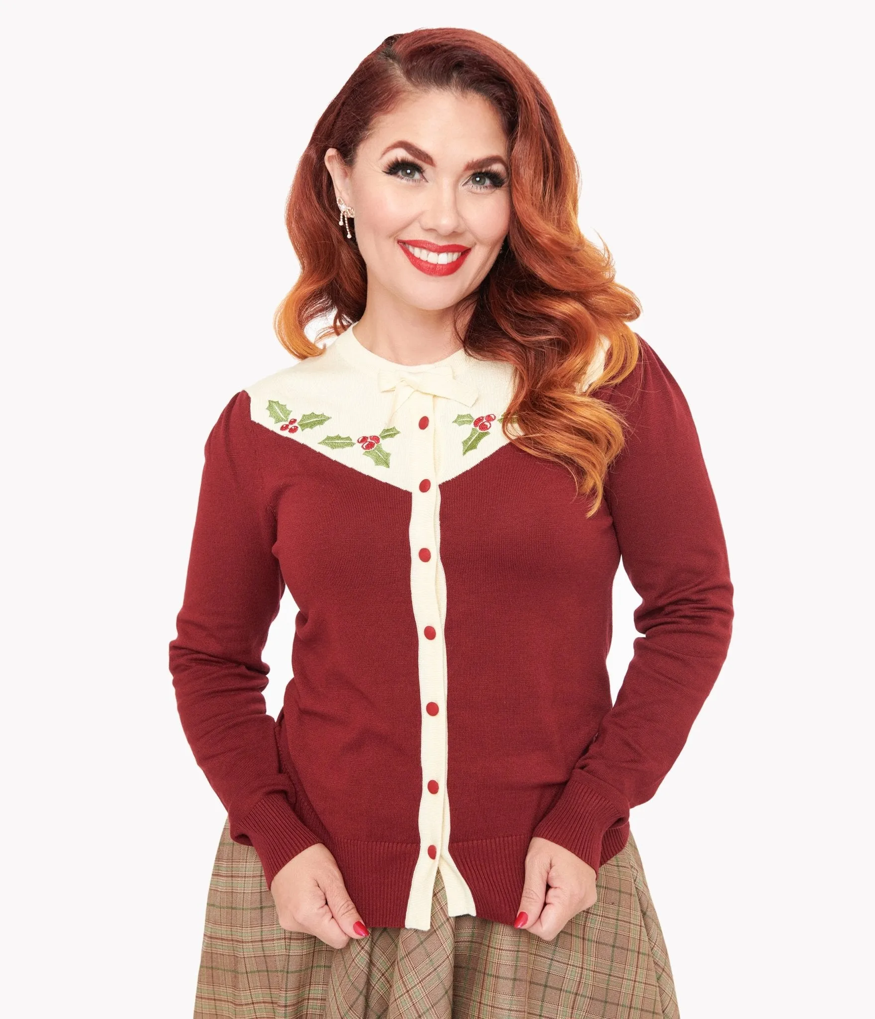 Smak Parlour 1960s Burgundy & Ivory Mistletoe Cardigan