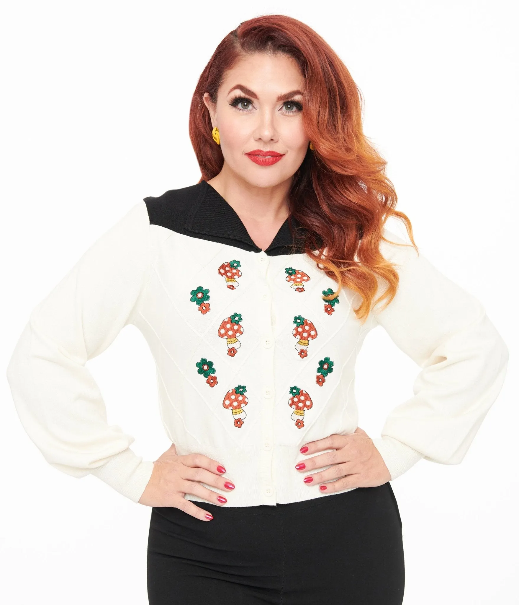 Smak Parlour 1960s Ivory & Black Mushroom Embroidered Cardigan