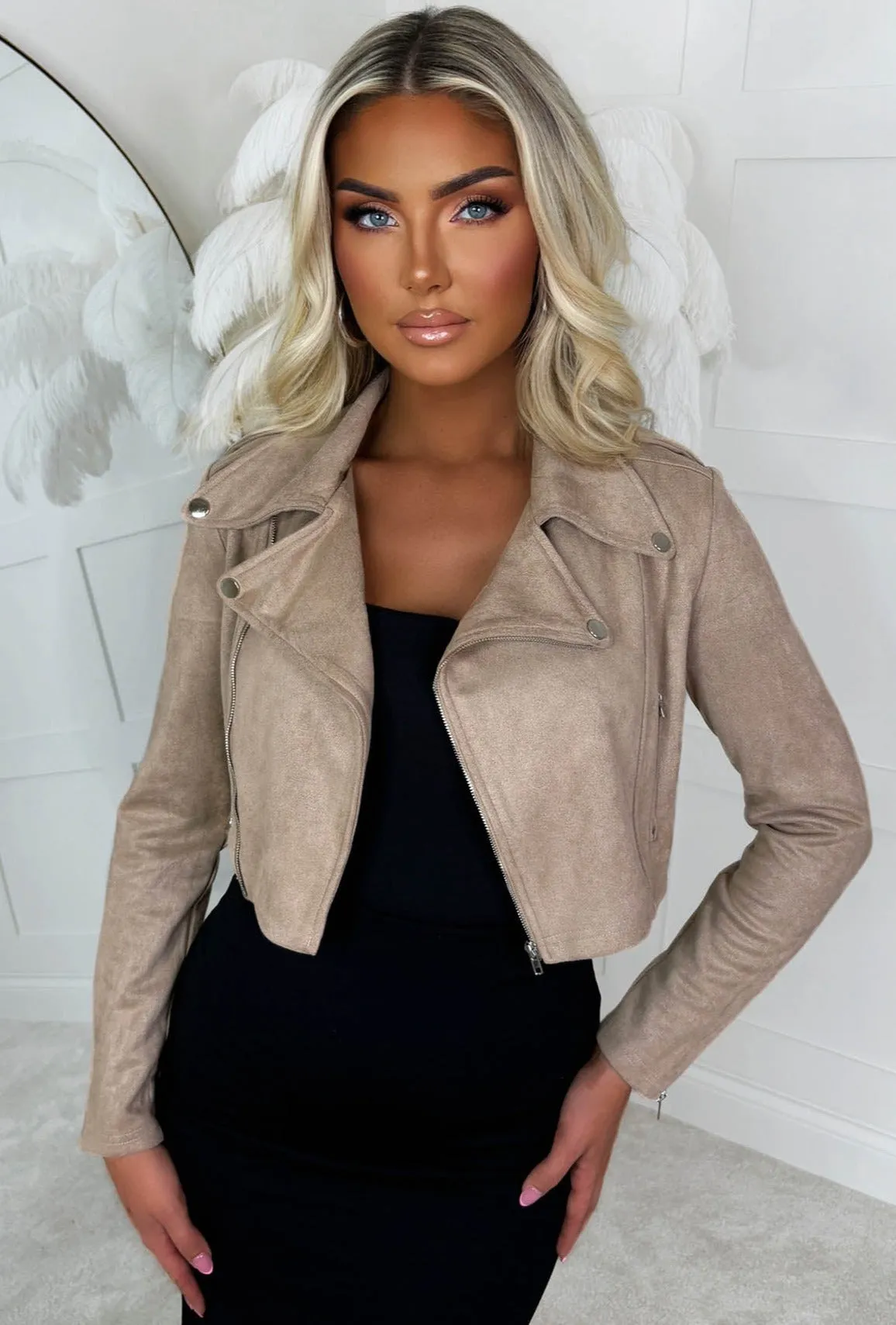 Songbird Stone Faux Suede Cropped Biker Jacket