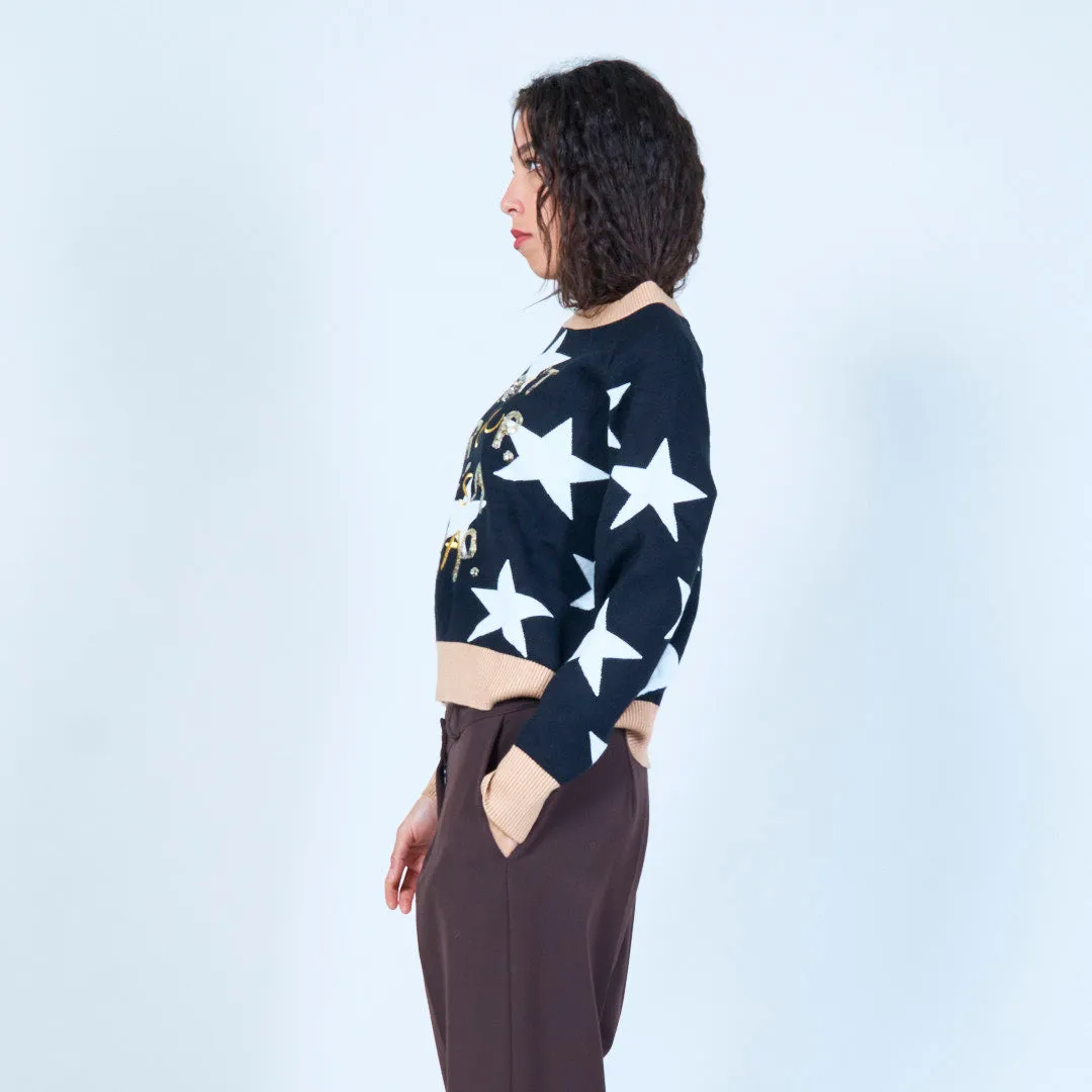 Star print sweater with playful text wholesale