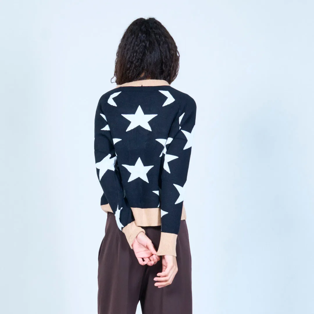 Star print sweater with playful text wholesale