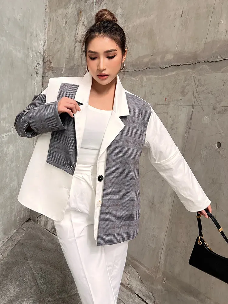 Streetwear Patchwork Plaid Blazer For Women Notched Collar Long Sleeve Colorblock Blazers Female Autumn Clothes