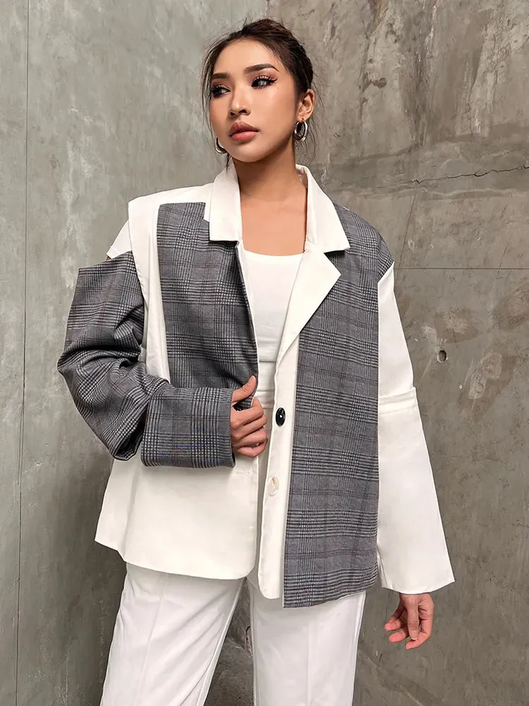 Streetwear Patchwork Plaid Blazer For Women Notched Collar Long Sleeve Colorblock Blazers Female Autumn Clothes