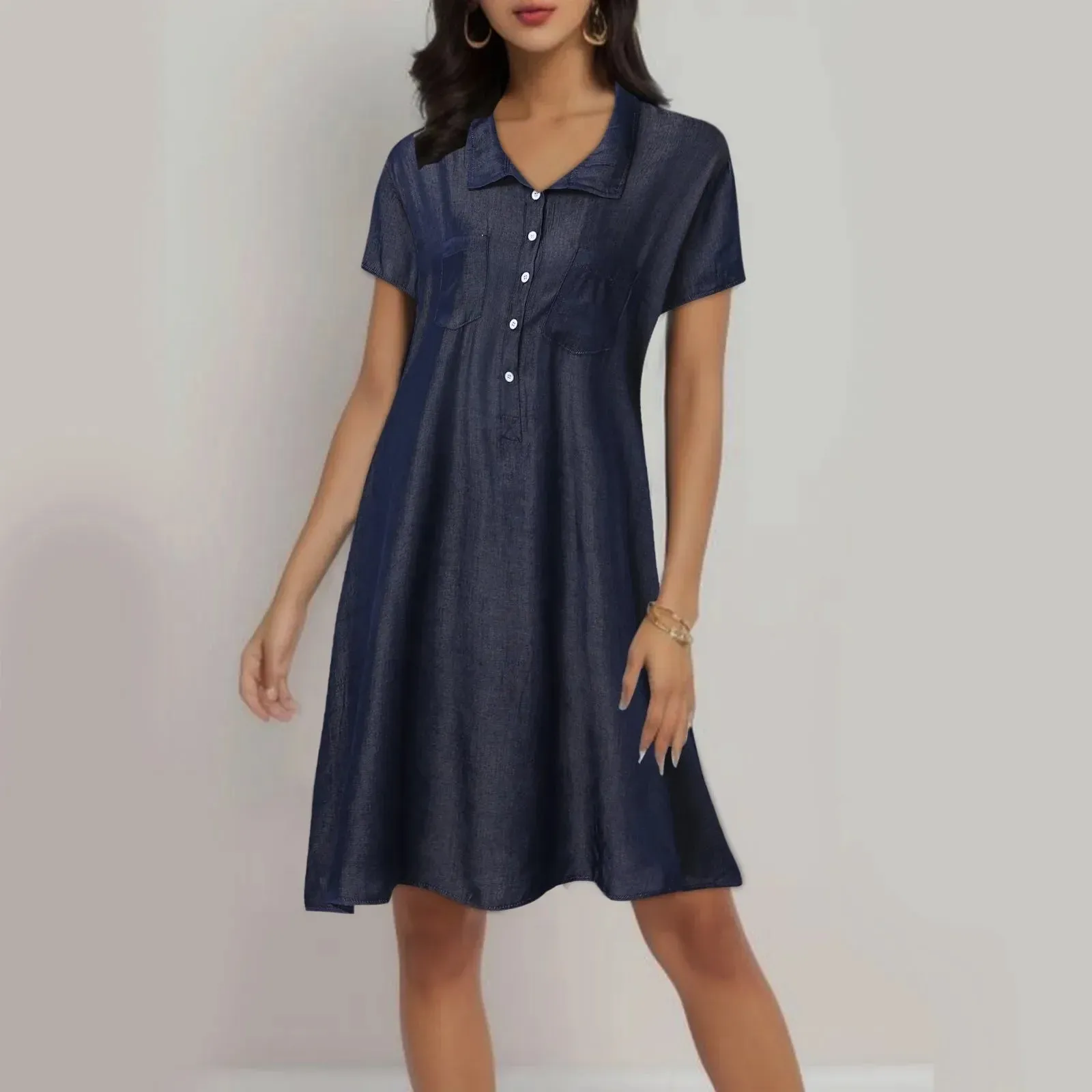 Summer Casual Short Sleeve High Quality Solid Denim Turn Down Collar Casual Fashion Dress