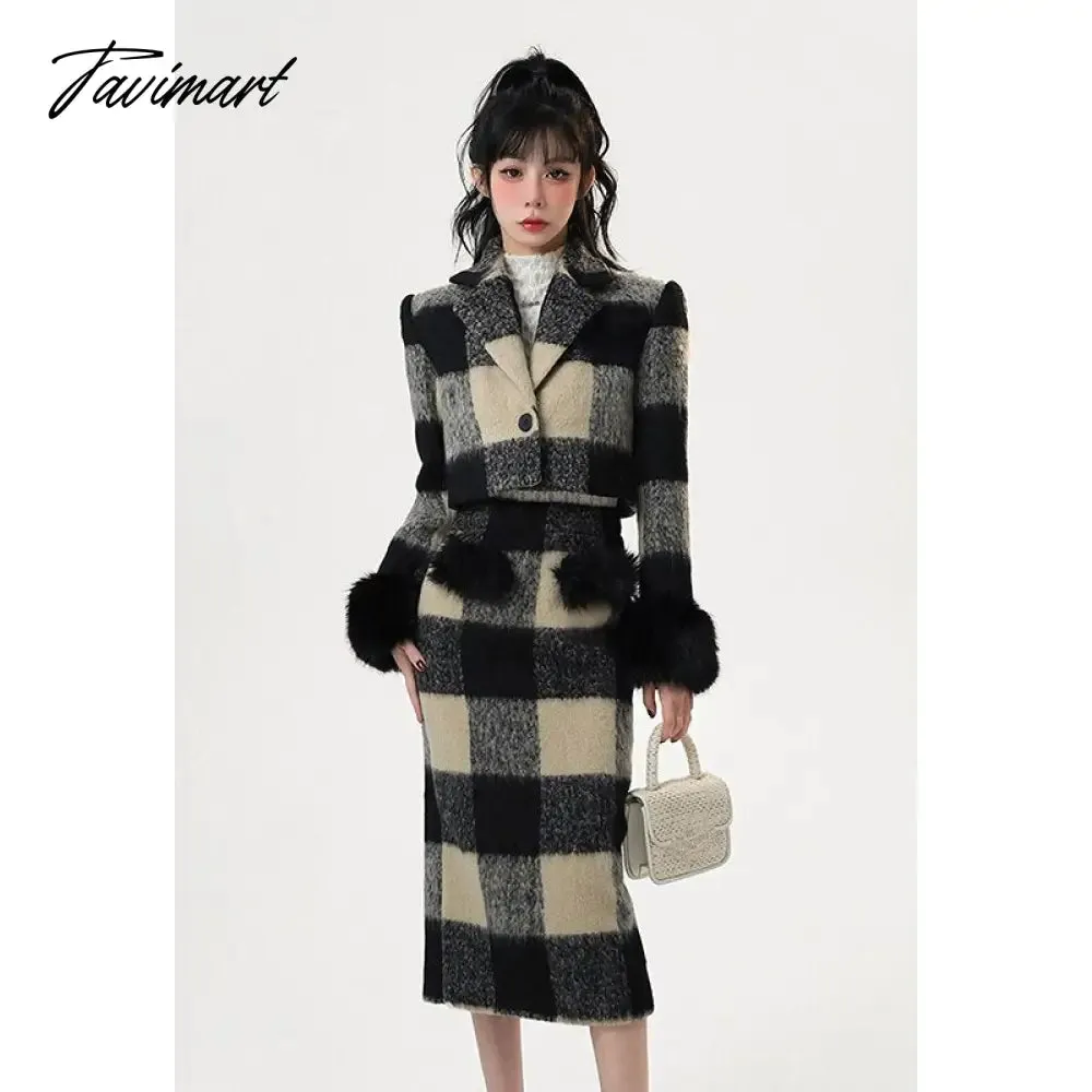 Tavimart Winter Christmas Knitted Suits Women Y2k Clothing Korean Fashion Plaid Blazers Coats   Mini Skirt Vintage 2 Piece Dress Set