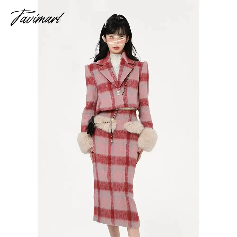 Tavimart Winter Christmas Knitted Suits Women Y2k Clothing Korean Fashion Plaid Blazers Coats   Mini Skirt Vintage 2 Piece Dress Set