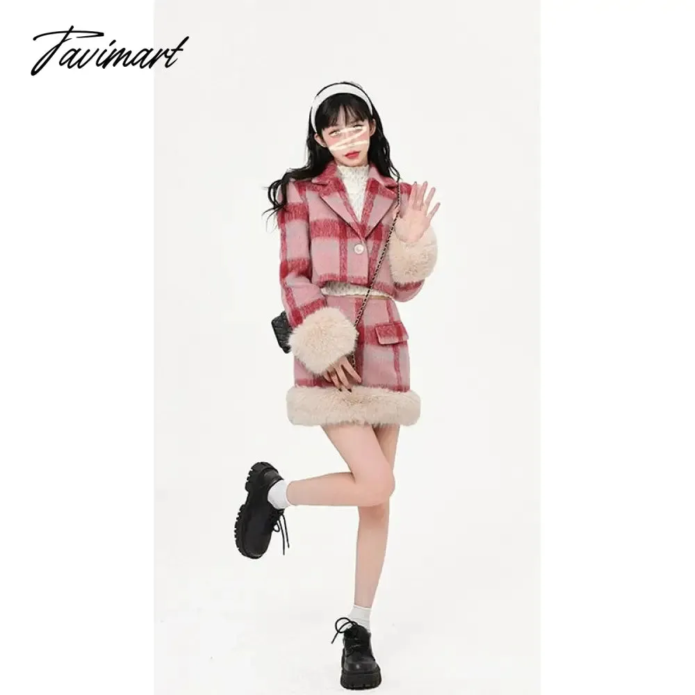 Tavimart Winter Christmas Knitted Suits Women Y2k Clothing Korean Fashion Plaid Blazers Coats   Mini Skirt Vintage 2 Piece Dress Set