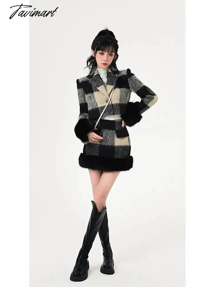 Tavimart Winter Christmas Knitted Suits Women Y2k Clothing Korean Fashion Plaid Blazers Coats   Mini Skirt Vintage 2 Piece Dress Set