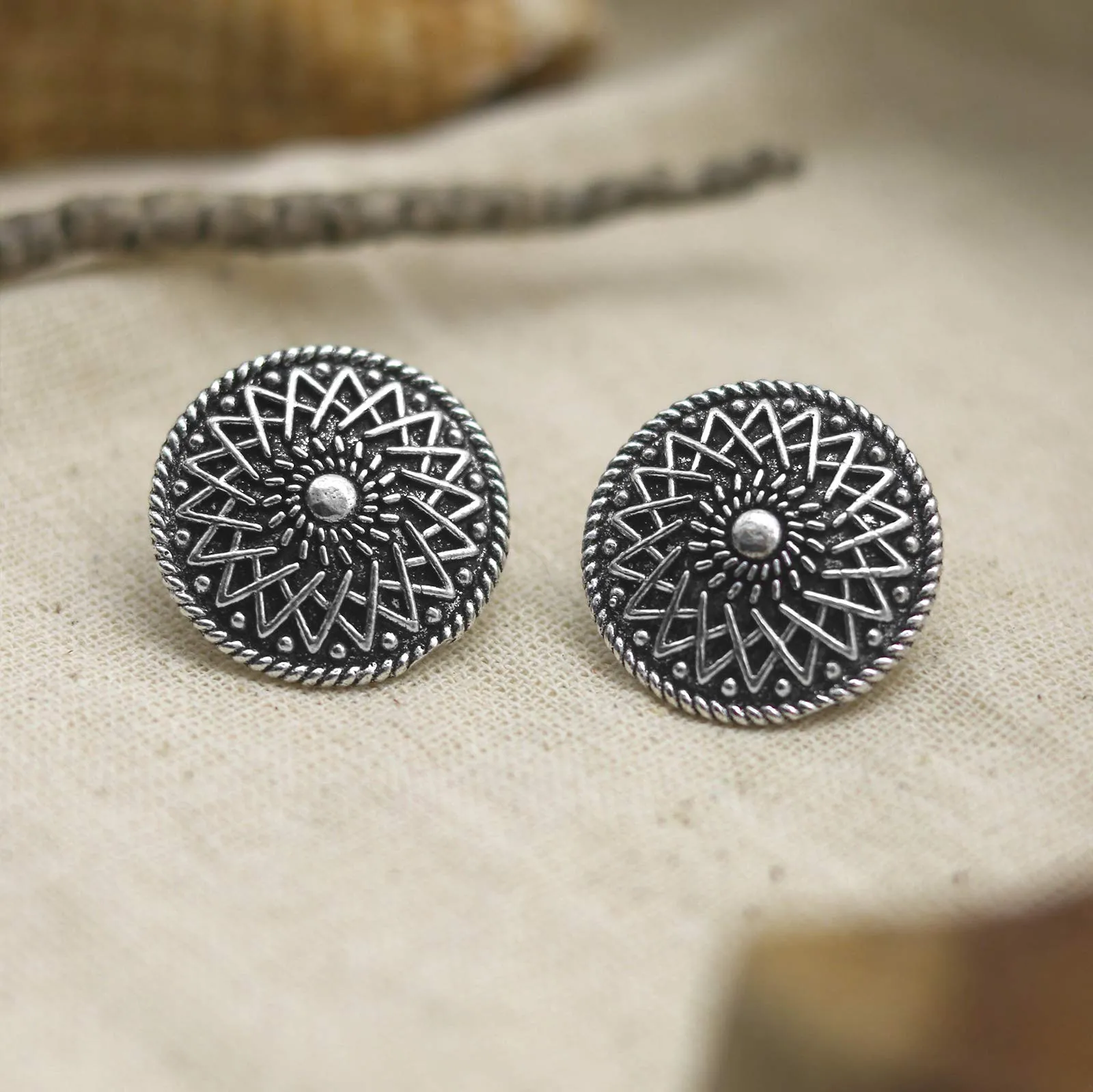 Teejh Mansa Circular Silver Oxidized Studs Earrings For Women