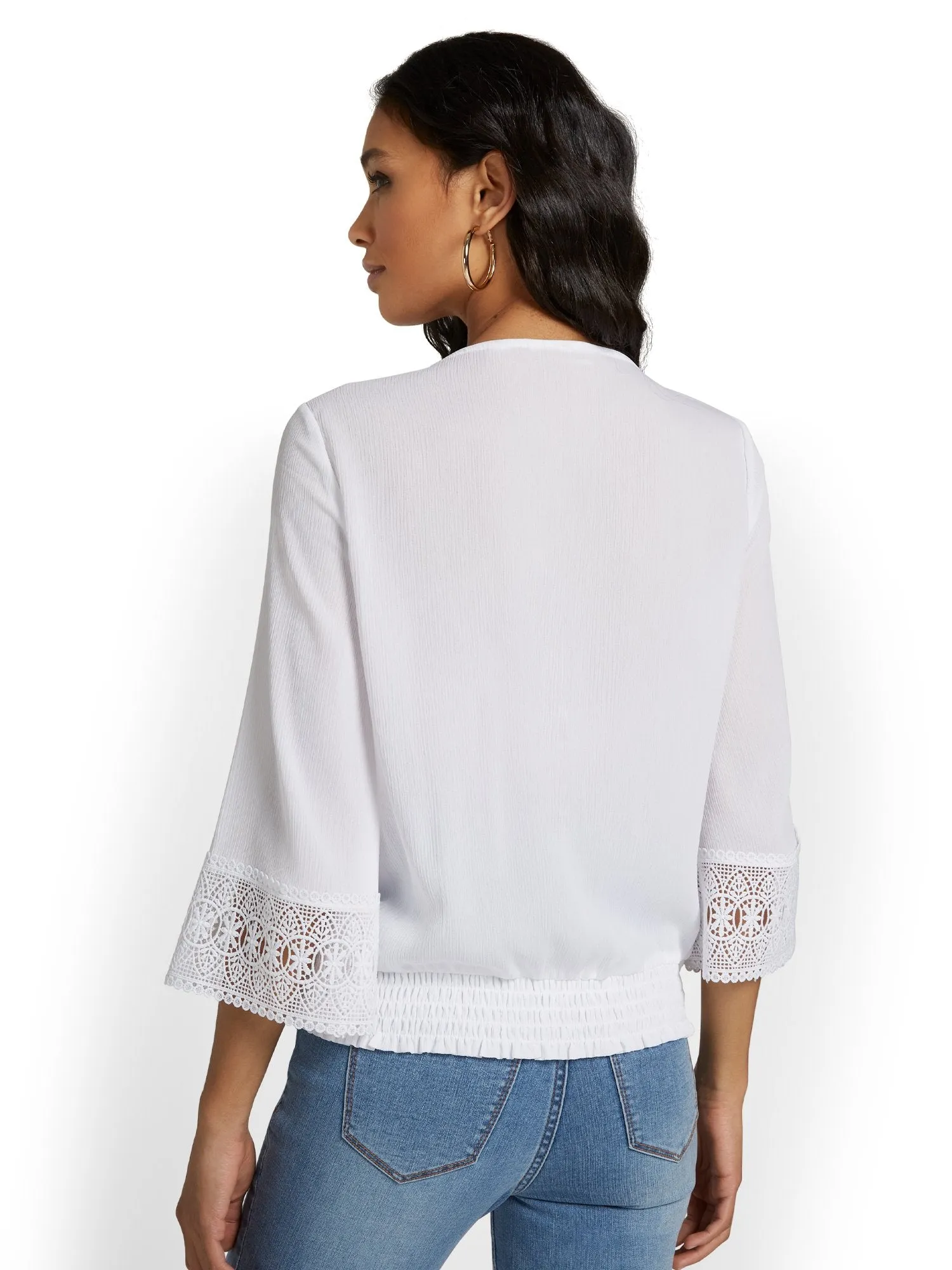 Tie-Neck Eyelet Bell-Sleeve Blouse - Lily & Cali