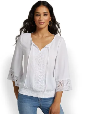 Tie-Neck Eyelet Bell-Sleeve Blouse - Lily & Cali